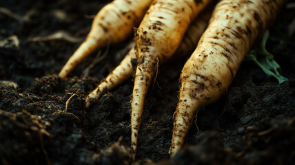 Fototapeta premium Freshly harvested parsnips resting in fertile soil at local farmers market