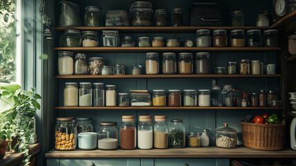 Obraz premium Zero-waste pantry organization showcasing glass jars filled with wholesome foods