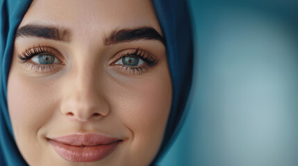 A confident Muslim businesswoman smiles warmly for the camera, showcasing her strength and professionalism indoors.
