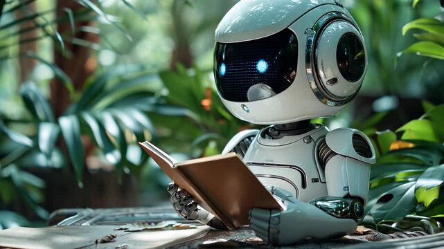 Futuristic robot reading book in cafe. AI humanoid learning at table, artificial intelligence and education concept motion picture. Automation and robotic study video footage