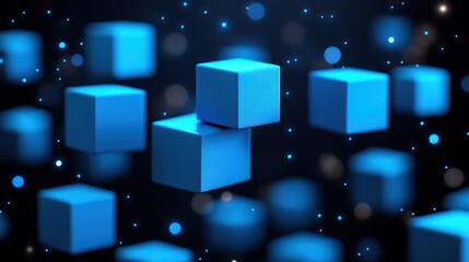 Blue cubes hover against bokeh background.