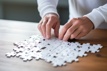 Close up of hands joining jigsaw puzzle pieces on wooden table, concept of problem solving, strategy and teamwork