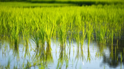 Fototapeta premium Lush green rice plants in a flooded paddy field. Showcasing the cultivation process and agricultural beauty. Ideal for agricultural magazines and educational materials.