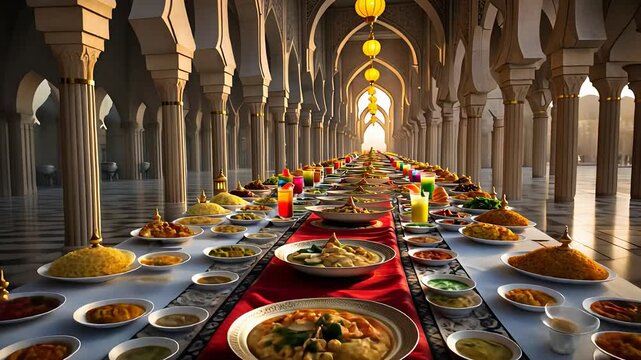 Grand Feast Table with Traditional Dishes and Vibrant Decor in a Majestic Arched Hall Illuminated by Warm Lighting

