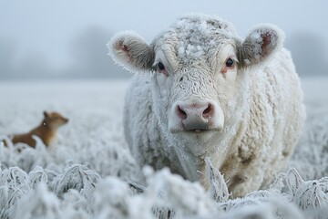 Obraz premium Frosty white cow, winter scene, blurred fox.