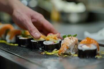 Professional chef preparing a plate of delicious sushi rolls in a commercial kitchen