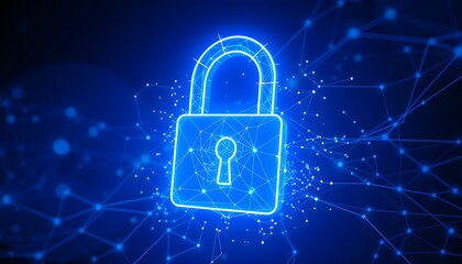 Glowing blue padlock, digital security symbol, futuristic network connections, cybersecurity concept, neon blue illumination, abstract tech background