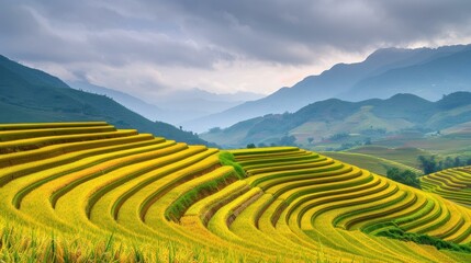 Fototapeta premium Explore the breathtaking rice terraces of Vietnam, where vibrant green fields meet picturesque landscapes.