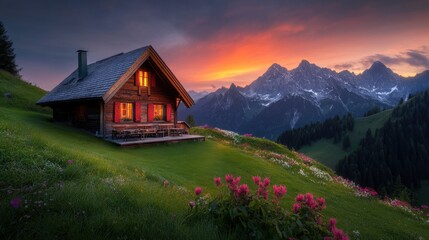 Obraz premium Serene Mountain Cabin at Sunset with Colorful Flowers and Majestic Peaks in the Background