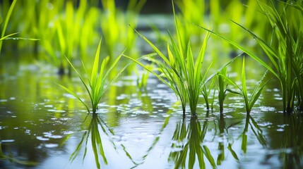 Fototapeta premium Rice plants growing in water in a paddy field. Emphasizing the growth and natural habitat of the rice plants. Ideal for environmental studies and agricultural blogs.