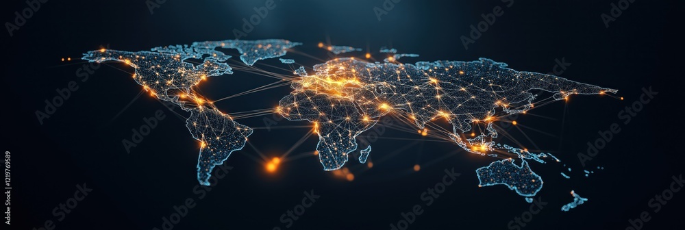 Poster global network visualization. futuristic tech map showing worldwide data exchange, digital transform