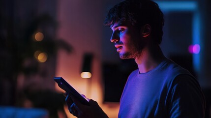 A young man using a mobile phone in a dark room with neon lighting effects