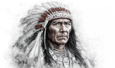 Fototapeta premium Native American man, headdress, weathered face, serene expression.