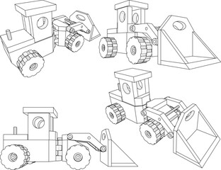 vector illustration design drawing of children's toy car construction tractor made from traditional ethnic wood