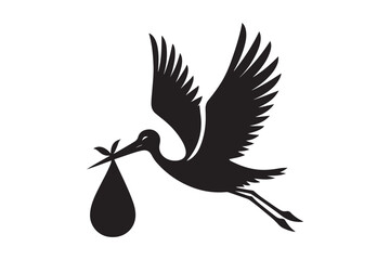 silhouette of stork holding a baby basket icon
