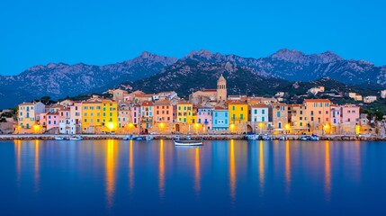 Fototapeta premium Colorful coastal town at twilight, mountains backdrop, harbor reflections. Use Travel brochure