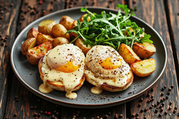 Eggs benedict with hollandaise sauce and roasted potatoes on rustic wooden table with greens and peppercorns