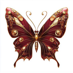 realistic butterfly with symmetrical wings, bright
burgundy color with gold tones, white background, shimmering gold accents, smooth outline