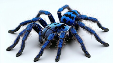 Blue tarantula spider close-up, white background, nature, wildlife photography, stock image