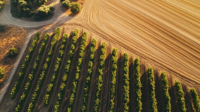 Aerial view of lush vineyard rows with winding dirt path and golden fields in the background