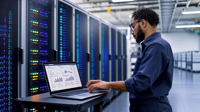 Modern Technician in Server Room Using Laptop for System Monitoring