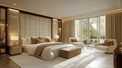 Luxurious bedroom, garden view, sunlit, elegant design, interior design
