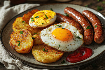 Golden crispy hash browns with fried egg and sausage links served on a rustic table in bright morning light for a comforting breakfast