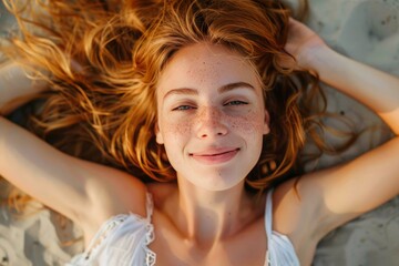Fototapeta premium Portrait of beautiful young redhead woman with freckles smiling and lying on the sand with arms behind her head