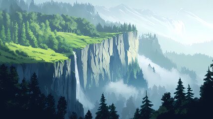 A breathtaking view of a lush cliffside surrounded by mist, showcasing vibrant greenery and majestic natural beauty. Zenith Valley. Illustration
