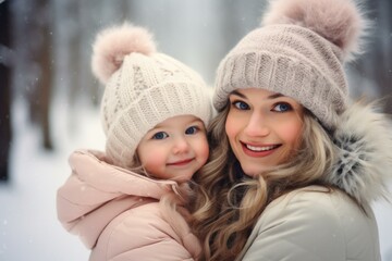 Fototapeta premium Mother and daughter wearing warm winter clothes and smiling in a snowy forest