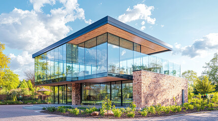Modern Architectural Design of Glass and Brick Building Exterior