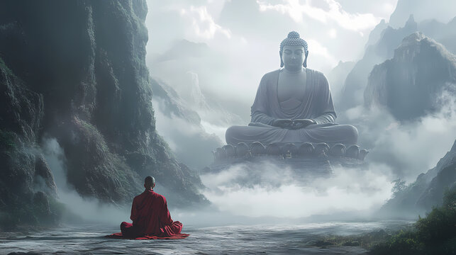 A lone monk meditates in front of a giant buddha statue amidst a misty mountain valley. Zenith Valley. Illustration