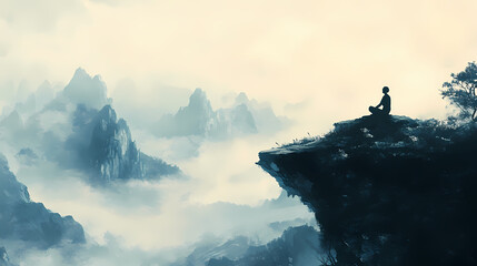 A person sits in a meditative pose on a cliff overlooking a valley shrouded in fog. Zenith Valley. Illustration