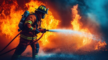 A brave firefighter sprays water to extinguish a large fire, wearing protective gear created by ai