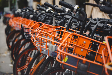 Obraz premium Bike Share Rack in Urban Cityscape, China