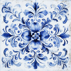 Fototapeta premium Vintage Blue and White Watercolor Tile with Floral and Swirl Patterns