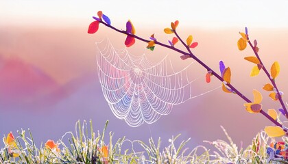 spider web with dew on branch, green grass, selective focus;spider web in a beautiful flower field with a sunset view,spider web with Sakura blossom 