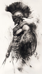 Powerful Spartan Warrior with Shield and Sword Ink Drawing