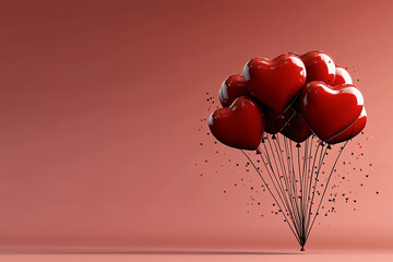 A vibrant 3D-rendered Valentine Day concept featuring floating heart-shaped balloons in shades of red and pink, with scattered confetti adding a festive touch. The soft pink gradient background create