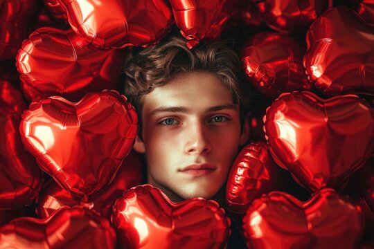 A serene male face framed by a sea of shiny red balloons in a captivating setting. - Powered by Adobe