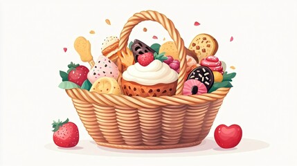 Delicious Bakery Items in Wicker Basket Vector Illustration