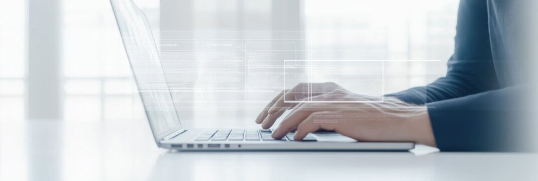 Business person works on laptop managing online documents. Efficient work processes shown on screen. Person uses computer for digital file management. Secure, quick access to important documents.