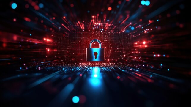 Cybersecurity event digital lock protection virtual world graphic art futuristic viewpoint