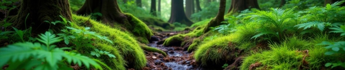 Obraz premium Lush green moss and ferns in the forest near Golitha Falls, forest, ferns, natural