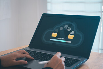 Transfer files data system relocation cloud technology concept. Backup, exchange, share. Person...