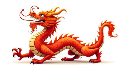 Obraz premium A vibrant orange Chinese dragon is depicted in a dynamic pose, its body coiled and ready to leap. The dragon's scales are detailed with intricate patterns, and its eyes are filled with a sense power