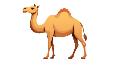 A friendly looking camel is depicted standing on a white background. The camel has a long neck, a hump on its back, and large, expressive eyes. Its fur is a warm, sandy brown color