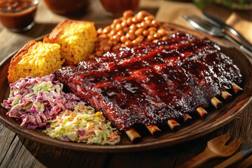 Delicious barbecue ribs glazed with smoky sauce served with coleslaw, cornbread, and baked beans on rustic wooden table