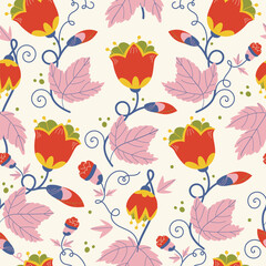 Stylish seamless floral pattern. Decorative style of big red flowers on white background. Abstract botanical seamless print design for fabric, textile and wrapping paper, wallpaper, cover, card