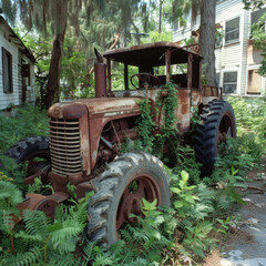 Abandoned Rusted Tractor in Overgrown Vegetation Near Old White Building